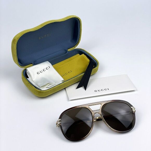 NEW Gucci GG1104S 002 Transparent Brown Gold Brown Pilot Unisex Sunglasses